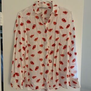 Zara Cream Blouse with Orange Lip Print